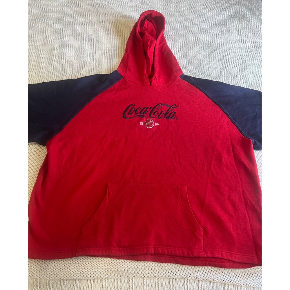 Coca-Cola Red Navy Blue Colorblock Hoodie Sweatshirt Embroidered Plus 26W/28W
